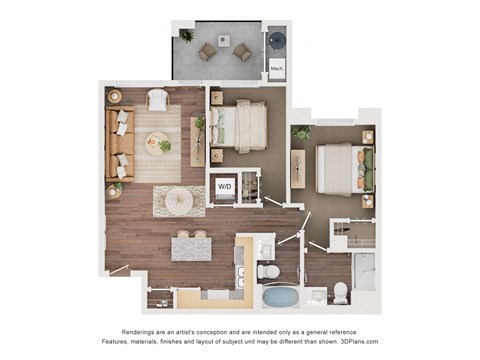 Floor plan for 2 beds, 2 baths, 995 sqft